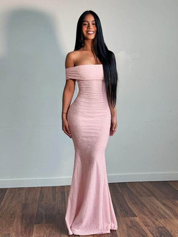 Women's Plain Floral Jacquard Off Shoulder Mermaid Dress, Elegant Ruched Short Sleeve Maxi Dress for Party Wedding Guest, Ladies Clothes for All Seasons